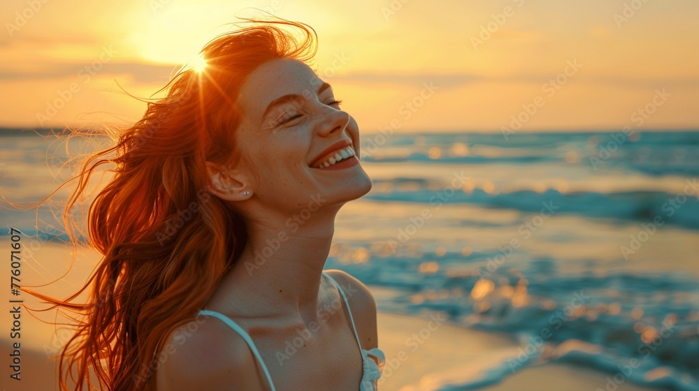 Joyful Woman with Red Hair Enjoying Sunset Beach Walk Joyful Woman with Red Hair Enjoying Sunset Beach Walk