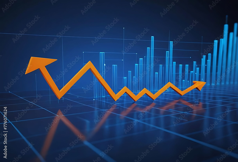 Digital growth graph chart with up arrow on technology blue background. Business and financial concept. Stock market and investment symbol. Low poly wireframe vector illustration in futuristic style