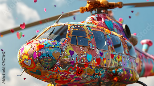 A vibrantly decorated helicopter adorned with hearts takes flight, symbolizing joy and love in aviation.
 photo