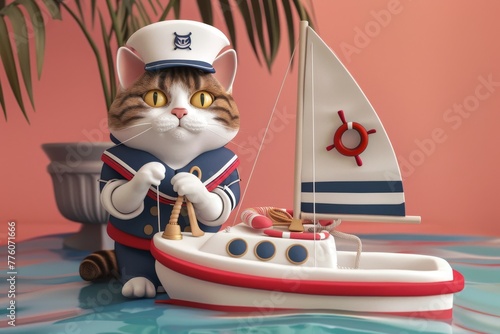 a Cat sporting a sailor outfit on a toy boat, animal in summer fashion background, 3D render clay style photo