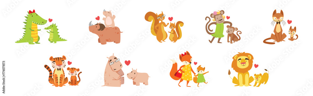 Fototapeta premium Baby Animal and Their Mom Love Each Other Vector Set