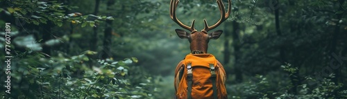 Deer Park Ranger, a deer in ranger gear, guiding visitors through a forest , vibrant color