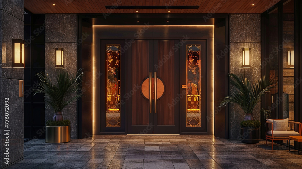 Standing tall at the entrance of a modern hotel, a sleek door with the unmistakable emblem of a renowned brand emphasizes the establishment's commitment to excellence and exceptional service.