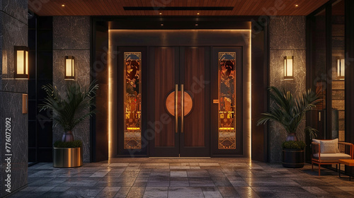 Standing tall at the entrance of a modern hotel, a sleek door with the unmistakable emblem of a renowned brand emphasizes the establishment's commitment to excellence and exceptional service. photo
