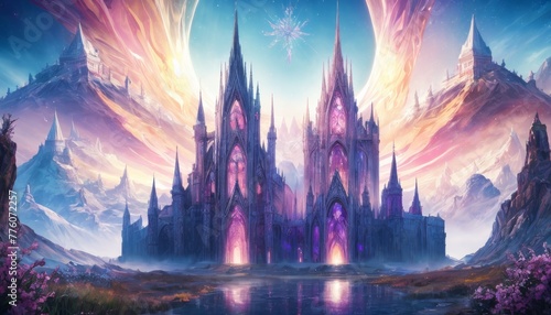An ethereal digital art piece featuring a majestic crystal castle bathed in the twilight glow, with shooting stars above and a reflective lake below