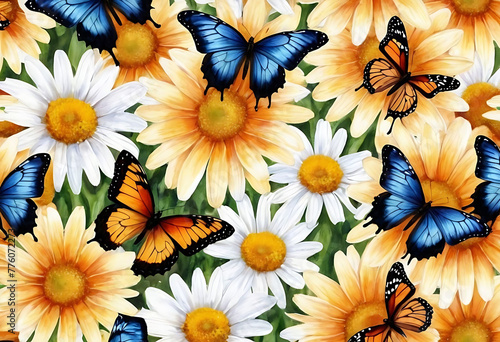 colorful blue tropical morpho butterfly on delicate daisy flowers painted with oil paint © Designstor09