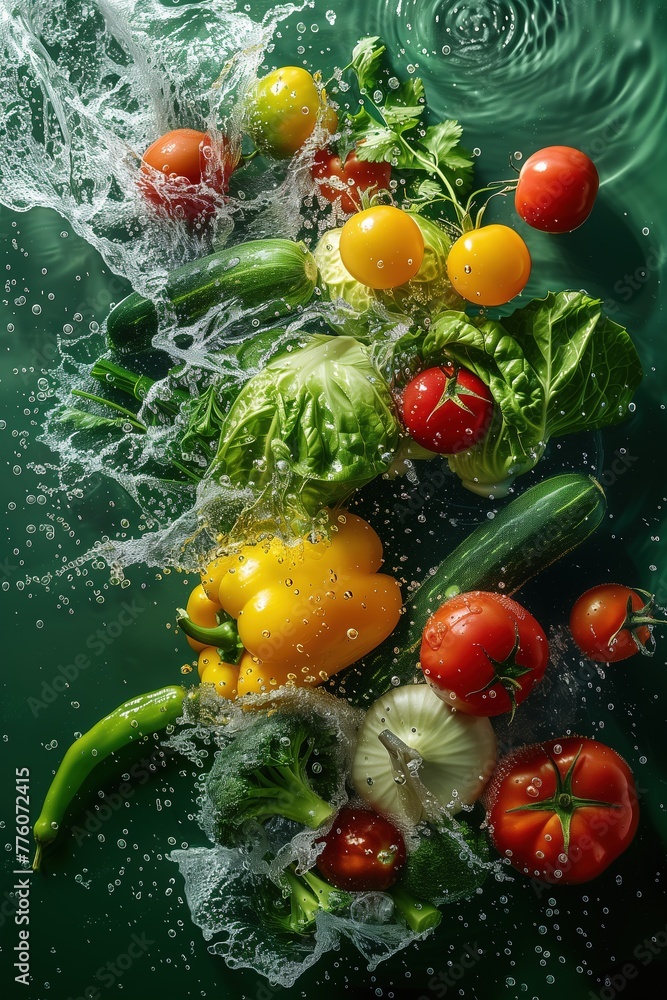 Vibrant explosion of fresh vegetables, including tomatoes and peppers, falling into water against an emerald green background. The splash creates dynamic movement with droplets suspended in the air. 