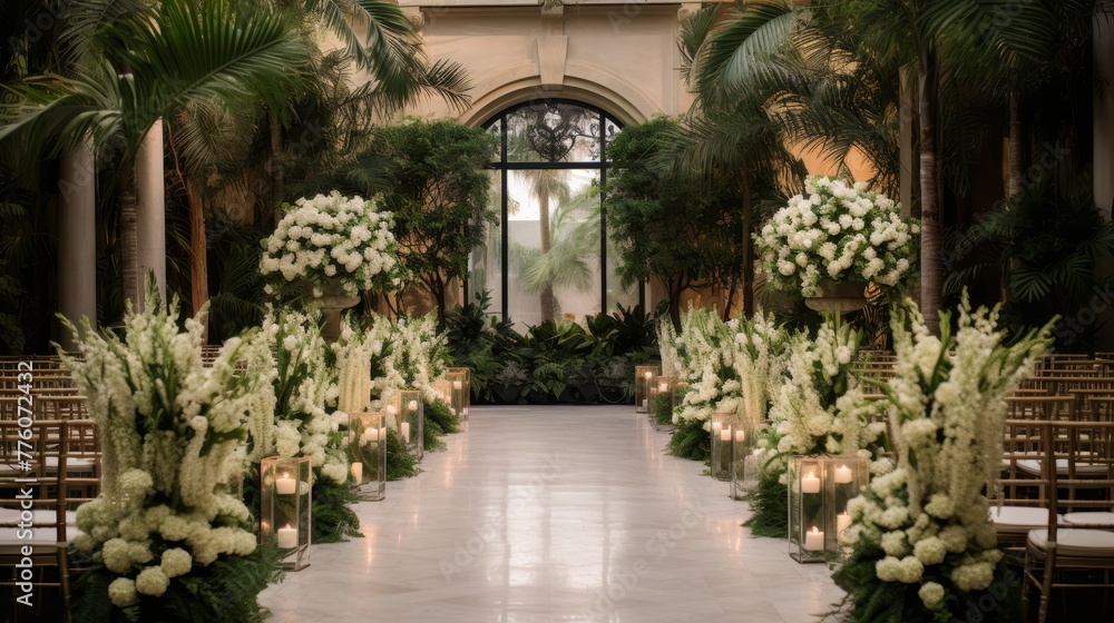 Elegant wedding ceremony amidst lush greenery and floral decor
