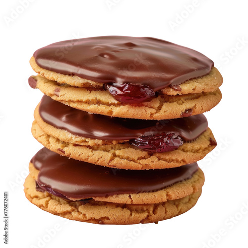 Three stacked cookies with chocolate