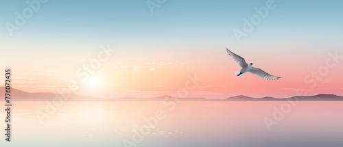 A bird flying on beautiful sky in the morning with copy space for banner.