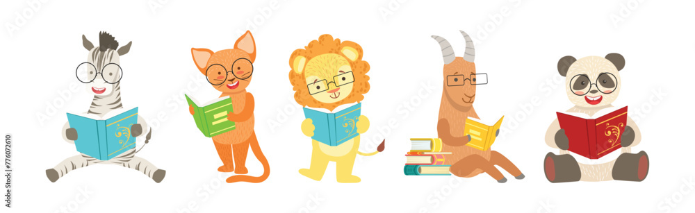 Fototapeta premium Funny Animal Character Read Book and Interesting Literature Vector Set
