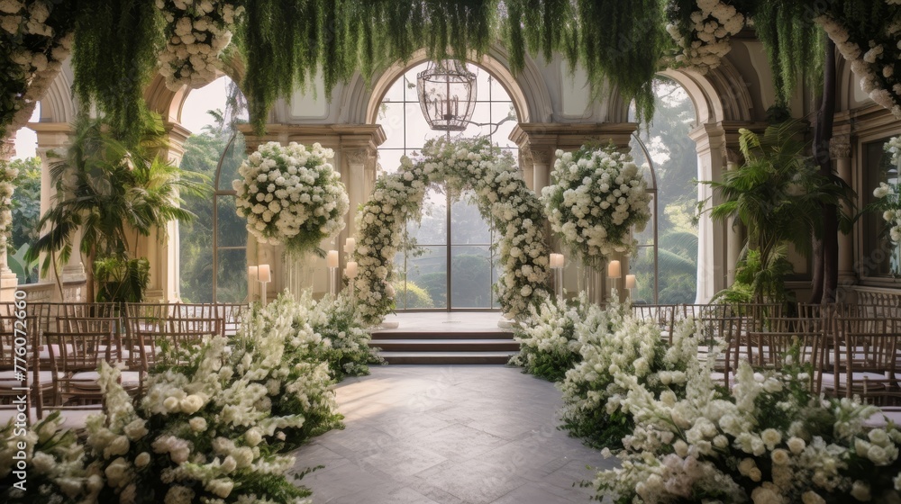 Elegant wedding ceremony amidst lush greenery and floral decor