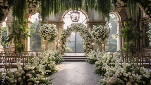 Elegant wedding ceremony amidst lush greenery and floral decor