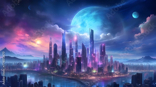 Futuristic city panorama with skyscrapers and planet.
