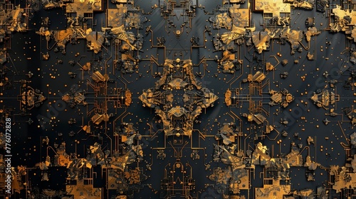 Elegant jigsaw pattern, gold filigree on black, art nouveau style, ornate and glamorous environment , sci-fi tone, technology photo