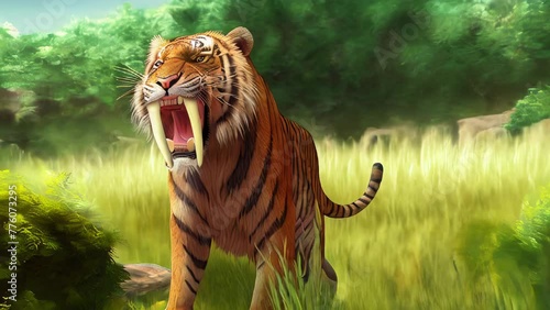 The saber-toothed tiger was an ancient mammal and tiger and cat ancestor that lived in the Americas during the Pleistocene epoch. AI-generated. photo