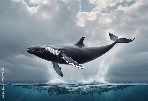 A predator great white shark swimming in the ocean coral reef shallows just below the water line closing in on its victim . 3d rendering with god rays photo