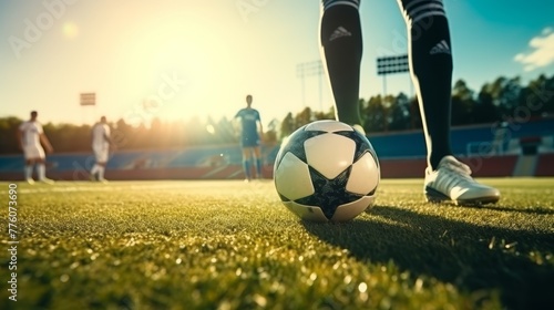 Soccer player steps on soccer ball for kick off in sunny stadium photo