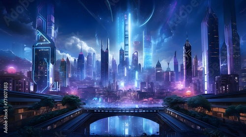 Futuristic city at night. Panoramic view of the city from the bridge.