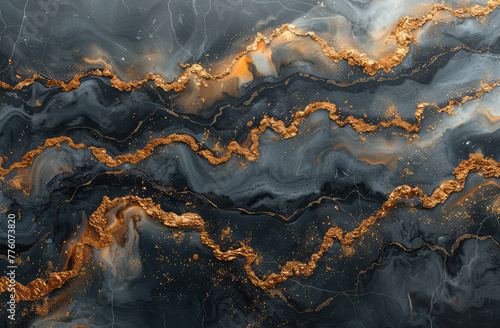 A dark marble pattern with golden veins, resembling the intricate patterns of ancient mountains and rivers, evoking an ethereal atmosphere with its shimmering textures. Created with Ai