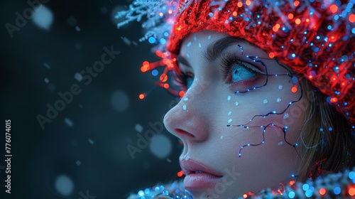 Christmas online sale banner in tech cyberpunk style. Description: Robot woman in red hat adorning a virtual electronic christmas tree. Cyberpunk advertisement for new year's internet shopping. Snow