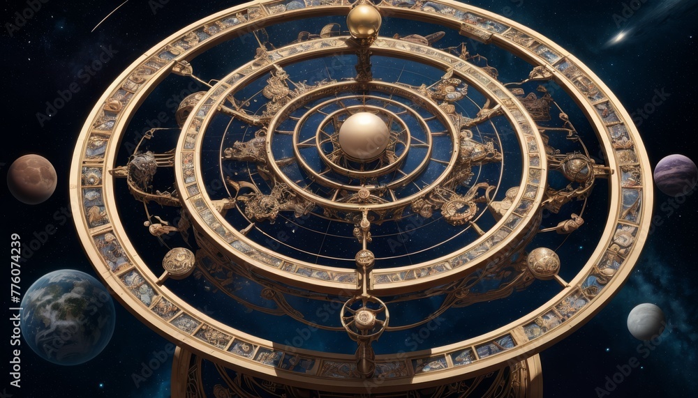 A highly detailed astronomical model features intricate orbits with diverse celestial bodies, positioned against the backdrop of deep space and distant planets.