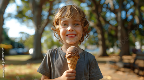 Niño comiendo un helado en el parque photo