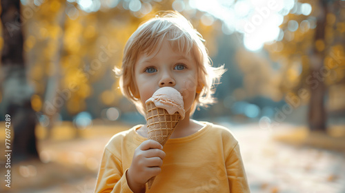 Niño comiendo un helado en la playa  photo