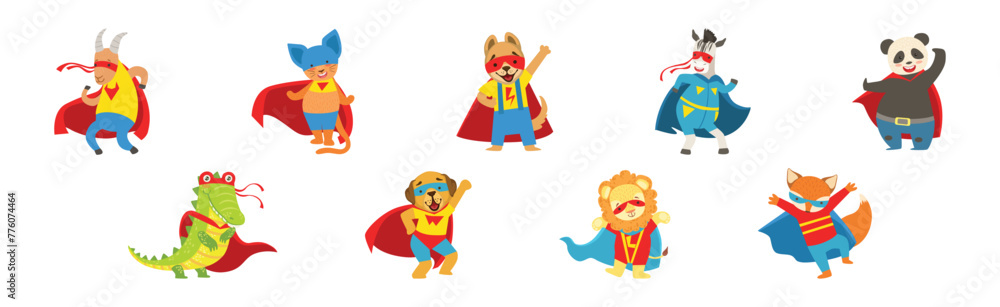 Naklejka premium Animals Dressed As Superheroes with Cape And Mask Vector Set