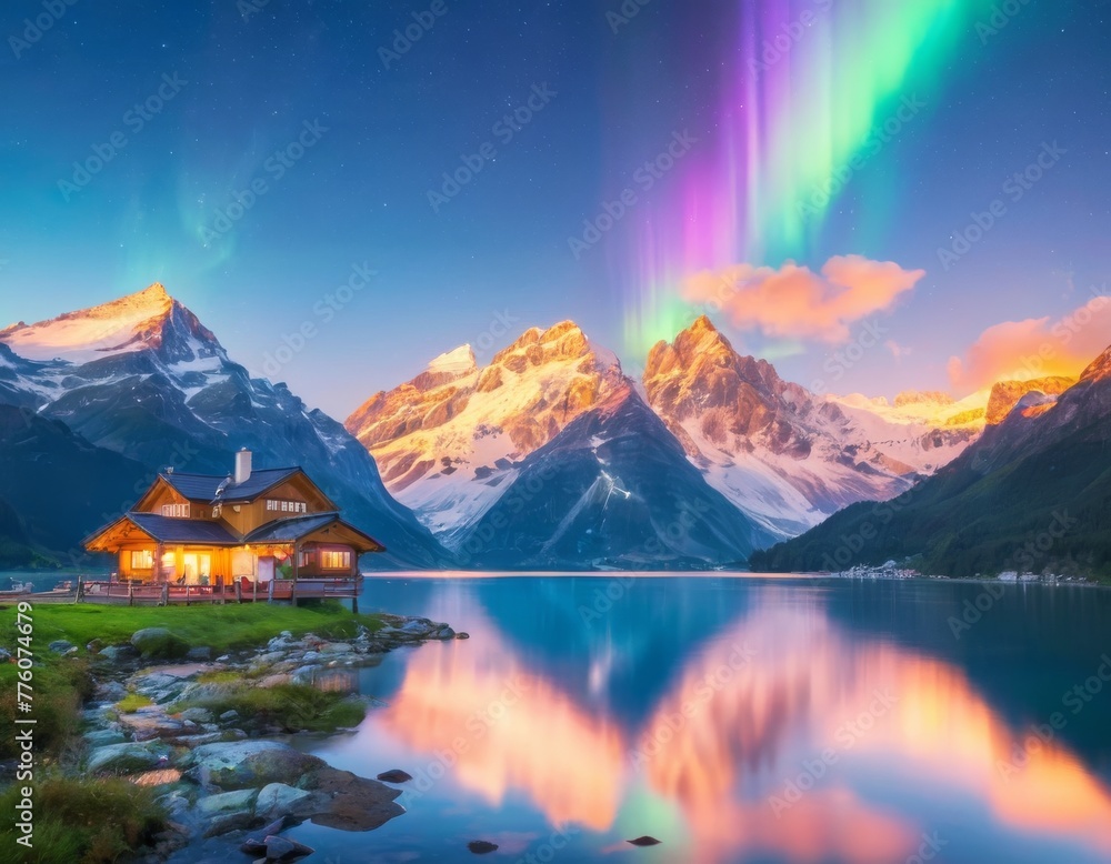 A captivating lakeside house under a stunning aurora display, with snow-capped mountains reflecting in the tranquil waters