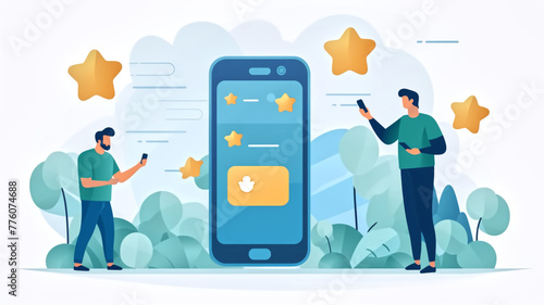 Digital illustration depicting users engaging with a mobile app for rating and reviews, highlighting the importance of customer feedback in the digital age. 