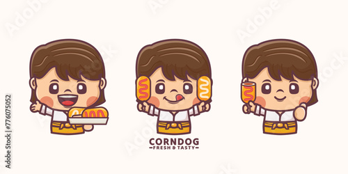 female cartoon character with corn dog, vector illustration in outline style, suitable for culinary identity photo