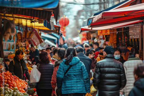 A photo of a busy street market with people buying and selling goods