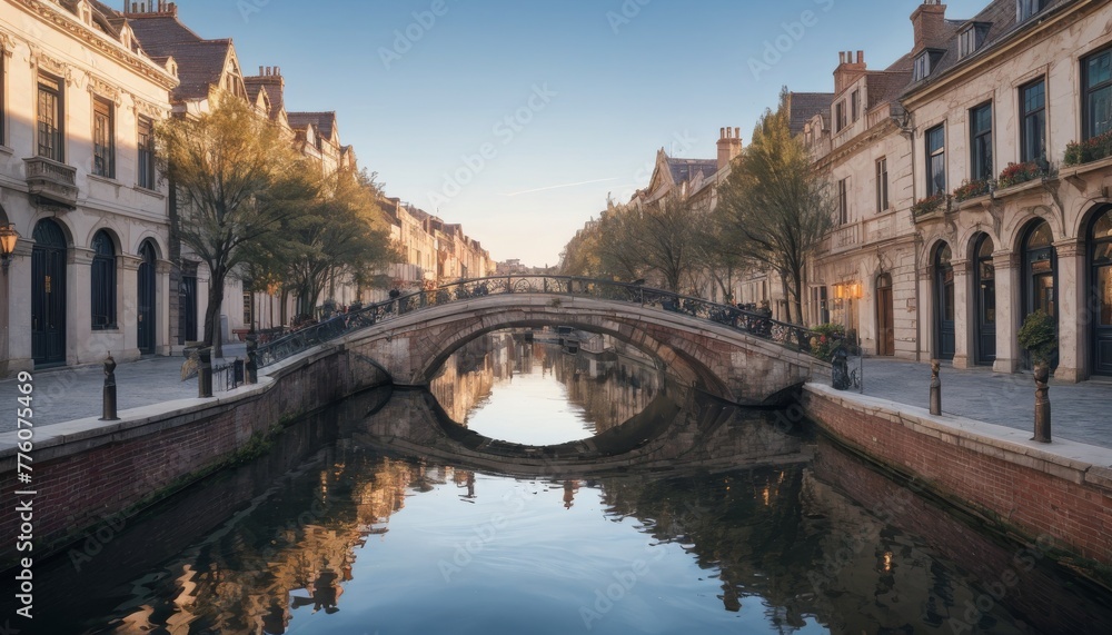 A tranquil scene of a calm canal flanked by classical architecture and a stone bridge, captured in the soft light of the setting sun