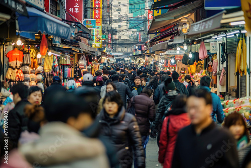 A photo of a busy street market with people buying and selling goods