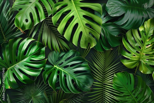 Tropical leaves background, Monstera deliciosa and palm tree leaves. for design projects that need to have lush tropical plants or a jungle feel