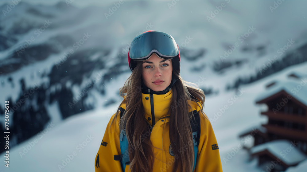 A young beautiful woman snowboards on snowy slopes in goggles. Skiing area, active lifestyle, holiday concept.
