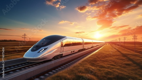 Fast moving modern high speed train in flat landscape at sunset 