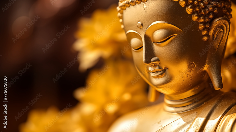 Close-up of a golden Buddha statue, exuding peace and tranquility with its serene expression and intricate details.
Close-up of a golden Buddha statue, exuding peace and tranquility with its serene expression and intricate details.