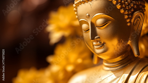 Close-up of a golden Buddha statue, exuding peace and tranquility with its serene expression and intricate details.  © nextzimost