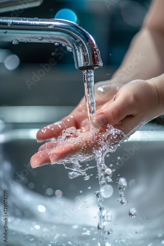 Hygienic Hand Washing in Restroom Basin: Close-Up