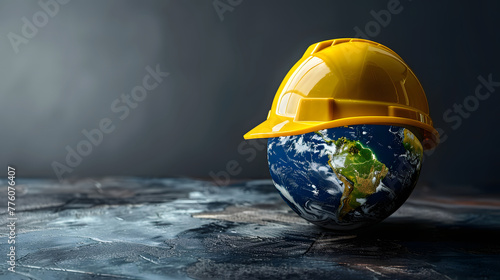 yellow construction hat on top of globe, blue background, labour day