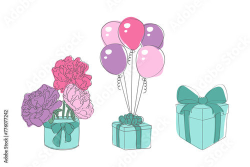 A bouquet of colorful flowers and balloons arranged in a vase with a gift box. The flowers are in full bloom, complemented by the vibrant balloons adding a festive touch to the arrangement