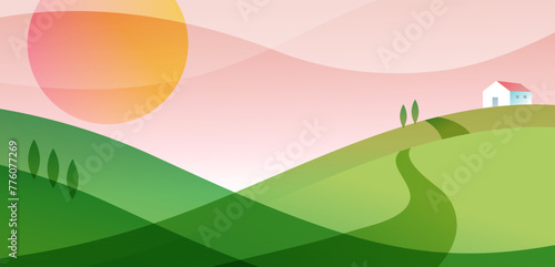 Beautiful abstract landscape, panoramic view illustration. Summer, nature, travel concept design with copy space. Vector illustration