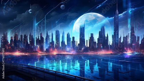 Futuristic city with neon lights and moon. 3d rendering