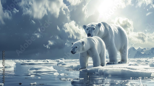 Arctic wildlife scene with two polar bears on a melting ice floe, dramatic sky backdrop.