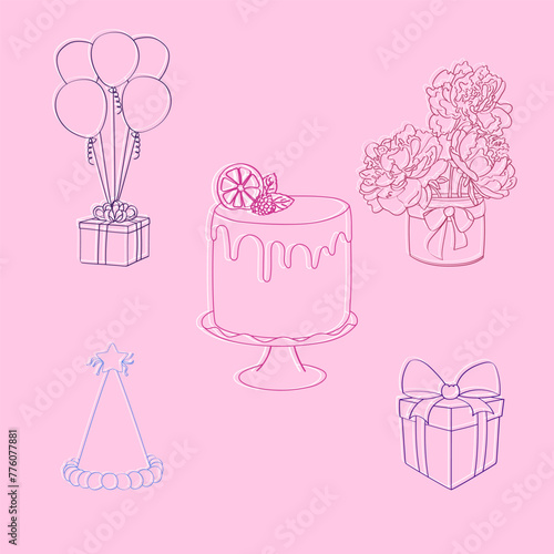 A hand-drawn illustration featuring a colorful birthday cake with candles and a variety of wrapped presents around it