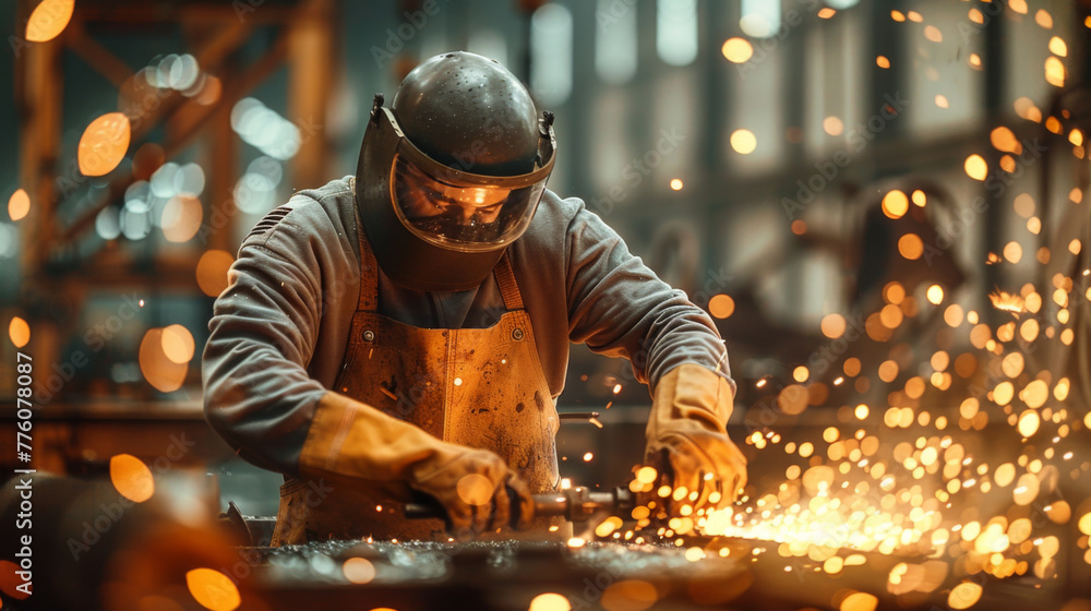 A skilled welder is focused on welding metal with sparks flying around in an industrial workshop. A skilled welder is focused on welding metal with sparks flying around in an industrial workshop.