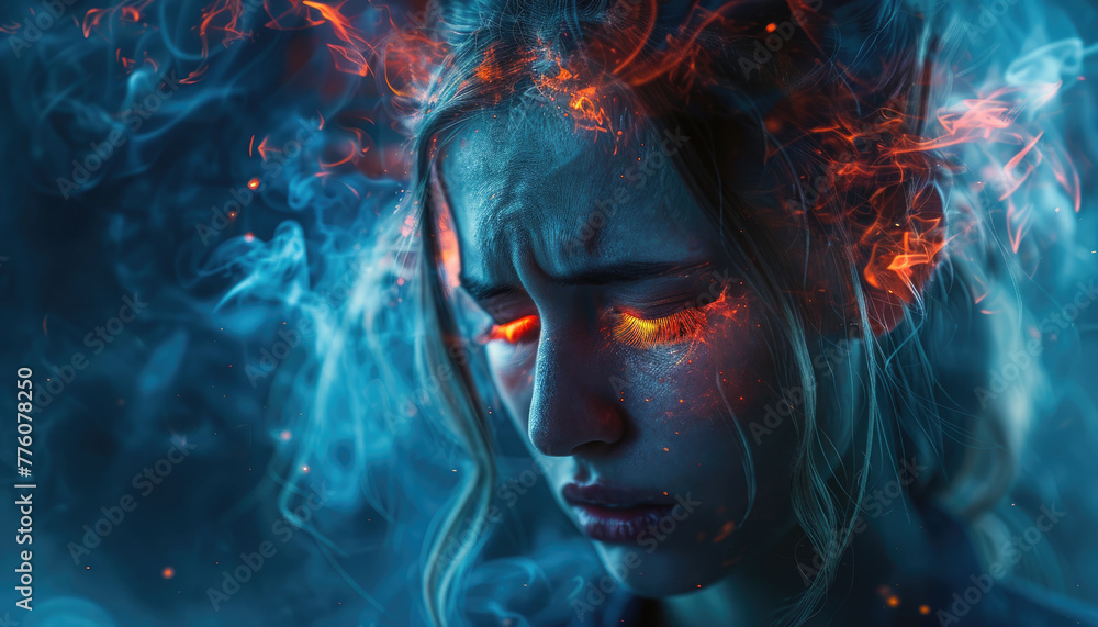 A woman with red eyes and a blue face is surrounded by smoke by AI generated image