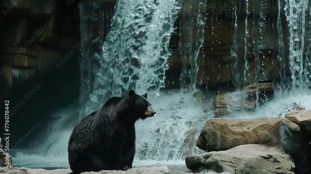 Fotografie black bear standing near the waterfall.